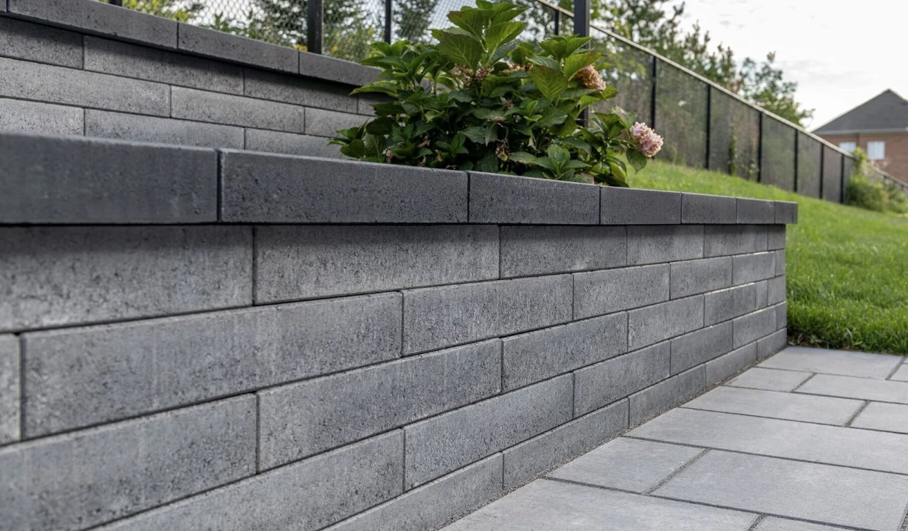 Concrete block retaining wall with landscaping beside a paved walkway